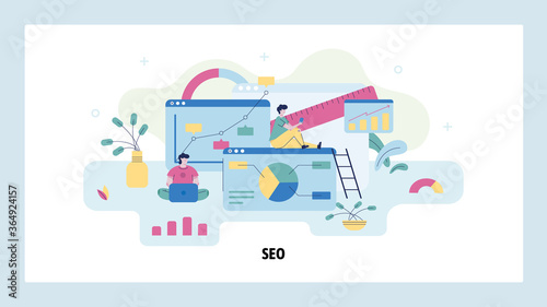 SEO snalytics and digital marketing technology. Team work with search engine optimization dashboard. Concept illustration. Vector web site design template