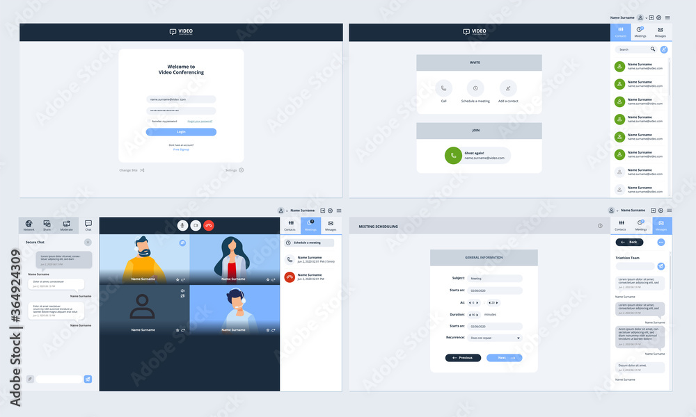 Web pages design template of video calling. Vector illustration concept of login, contact, video meeting, scheduling, chat and message pages, for website and app development. 