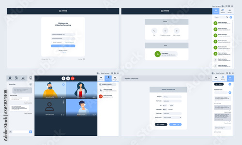 Web pages design template of video calling. Vector illustration concept of login, contact, video meeting, scheduling, chat and message pages, for website and app development. 