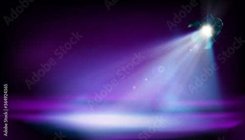 Stage illuminated by theatrical spotlight during the show. Purple background. Place for the exhibition. Vector illustration.