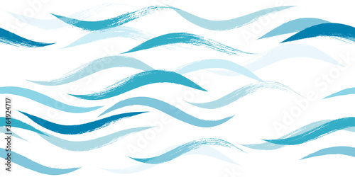 Seamless Wave Pattern, Hand drawn water sea modern vector background. Wavy beach brush stroke, curly grunge paint lines, watercolor illustration