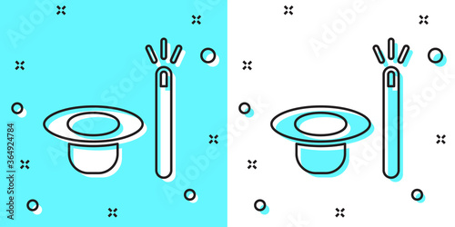 Black line Magic hat and wand icon isolated on green and white background. Magic trick. Mystery entertainment concept. Random dynamic shapes. Vector.