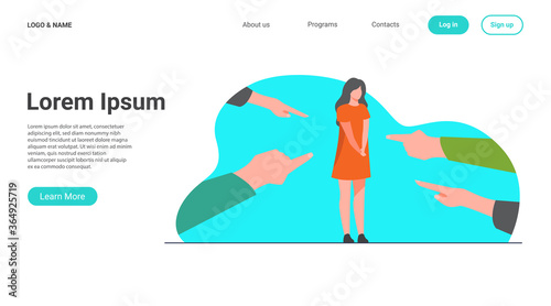 Depressed sad woman standing as victim flat vector illustration. Surrounded girl and fingers pointing at her. Conviction, indictment and social denunciation concept.