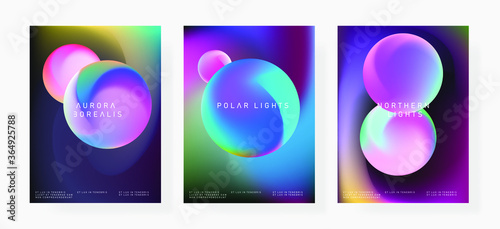 Set of modern abstract minimal posters with gradient circles on blurry holographic background. Cosmic trendy covers.