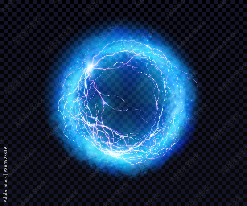 Electric ball. Lightning circle. Thunderbolt. Vector electric discharge effect. The light sphere in blue and purple colors isolated on a black background. Flash, plasma ball, energy or portal. Vector - obrazy, fototapety, plakaty 