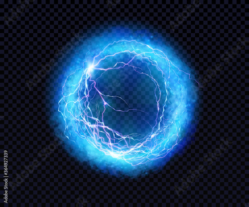 Electric ball. Lightning circle. Thunderbolt. Vector electric discharge effect. The light sphere in blue and purple colors isolated on a black background. Flash, plasma ball, energy or portal. Vector photo