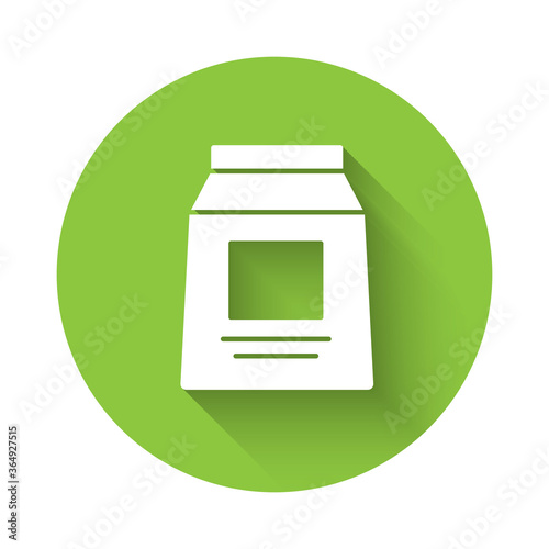 White Sports nutrition bodybuilding proteine power drink and food icon isolated with long shadow. Green circle button. Vector.