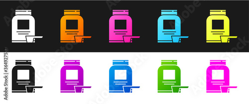 Set Sports nutrition bodybuilding proteine power drink and food icon isolated on black and white background. Vector.