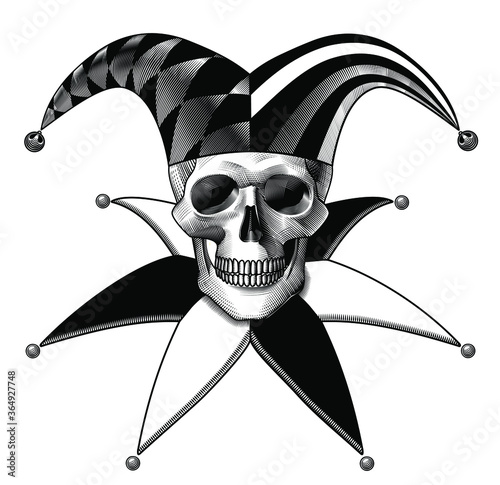 Engraved vintage drawing of a human skull full face in a Joker hat