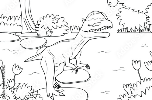 Pachychphalosaurus dinosaur walking through a water cannel education learning