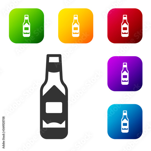 Black Tabasco sauce icon isolated on white background. Chili cayenne spicy pepper sauce. Set icons in color square buttons. Vector.