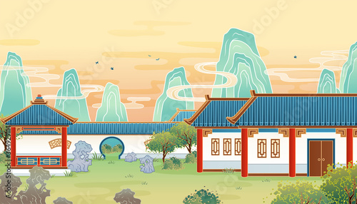 Ancient Chinese garden and houses