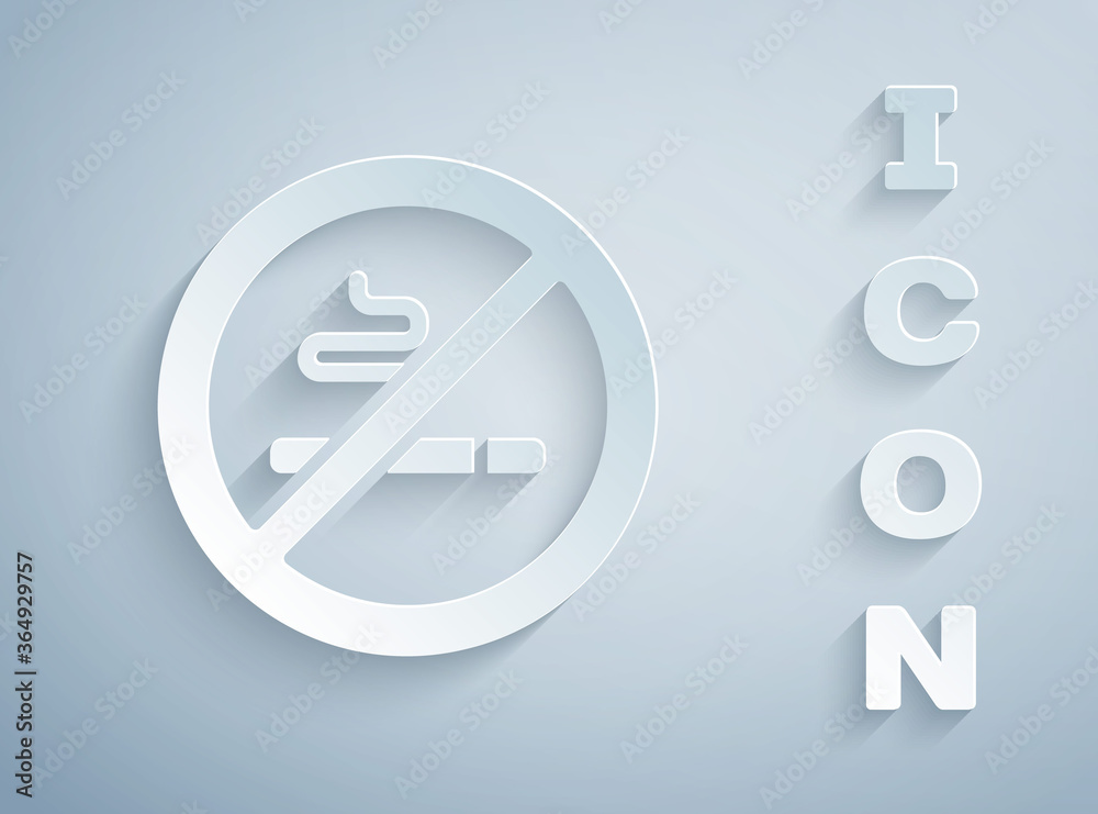 Paper cut No Smoking icon isolated on grey background. Cigarette symbol. Paper art style. Vector. Paper cut No Smoking icon isolated on grey background. Cigarette symbol. Paper art style. Vector.