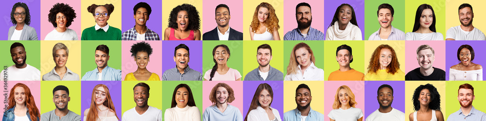 Set Of People Faces Smiling And Laughing On Colorful Backgrounds Set Of People Faces Smiling And Laughing On Colorful Backgrounds
