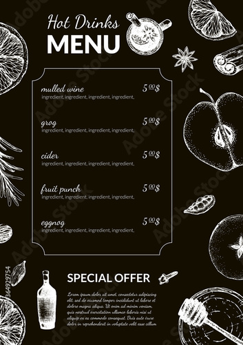 Vector illustration of a menu for a bar with hot alcoholic drinks. Menu template for christmas mulled wine, cider, grog, chalk on a black chalkboard