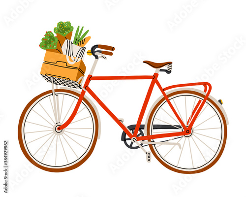 Red bicycle with flowers and groceries in a basket, vector illustration
