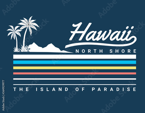 Vintage Hawaii theme text with palms, waves and birds vector illustrations. For t-shirt prints and other uses.