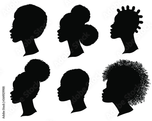 African American women profile black silhouette. Set of vector heads isolated on white