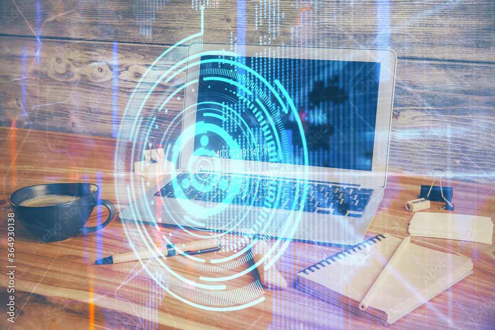 Double exposure of desktop with personal computer on background and tech theme drawing. Concept of Bigdata. Double exposure of desktop with personal computer on background and tech theme drawing. Concept of Bigdata.