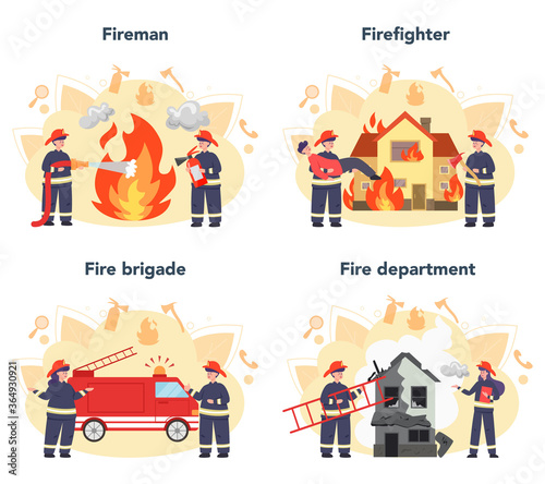 Fireman concept set. Professional fire brigade firhting with flame.