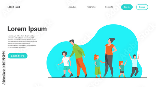 Big family walking outdoors. Tired parents and children standing together, roller skating. Vector illustration for large family, childhood, weekend, leisure concept