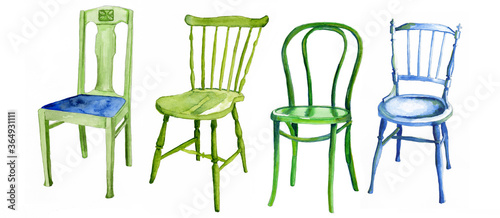 Green and blue wooden chairs painted in watercolour