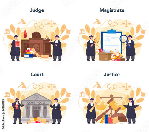 Judge concept set. Court worker stand for justice and law. Judge