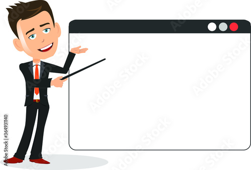 Present your content on a big browser website by the famous businessman manager executive cartoon character blank empty stick showing write message product feature service graph growth