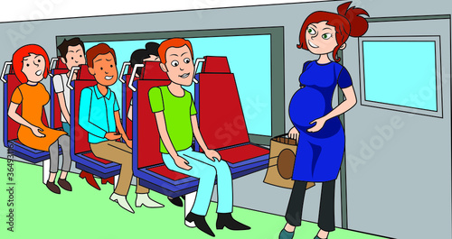 Pregnant woman standing in a train shopping bag in hand people sitting one seat empty free hot seat