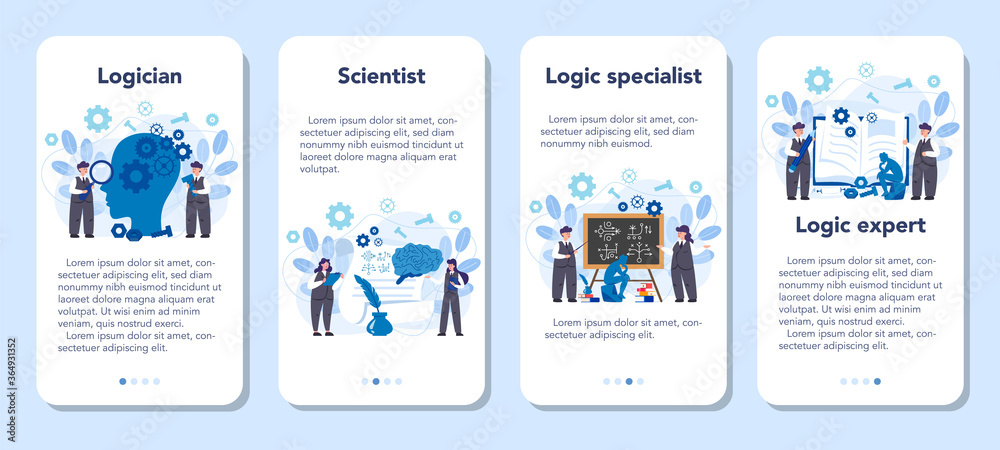 Logician mobile application banner set. Scientist systematicly study