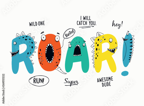 Roar slogan graphic with funny dinosaur cartoons. Vector graphics for t-shirt prints and other uses.