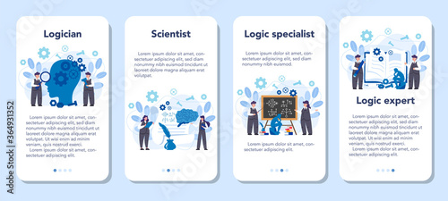 Logician mobile application banner set. Scientist systematicly study