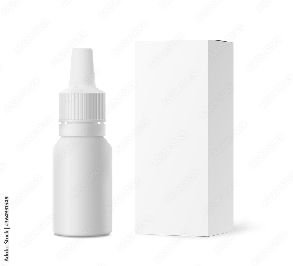 Nasal drops mockup, e liquid packing bottle with paper box, isolated on white background.Vector illustration Nasal drops mockup, e liquid packing bottle with paper box, isolated on white background.Vector illustration