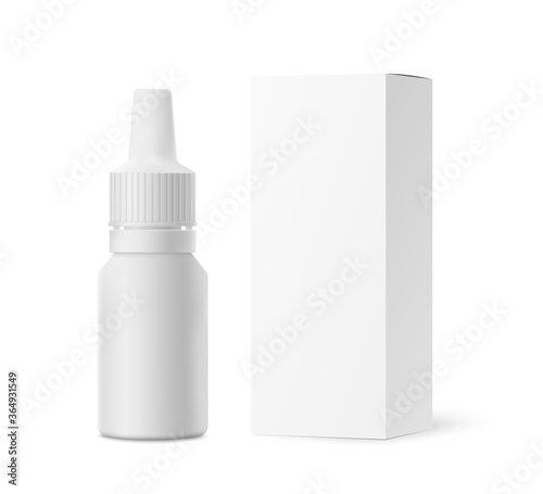 Nasal drops mockup, e liquid packing bottle with paper box, isolated on white background.Vector illustration