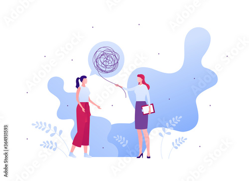 Psychology, emotion and psychotherapy concept. Vector flat person illustration. Woman patient character with tangled thread talk bubble and female psychologist standing. Design for banner, web.