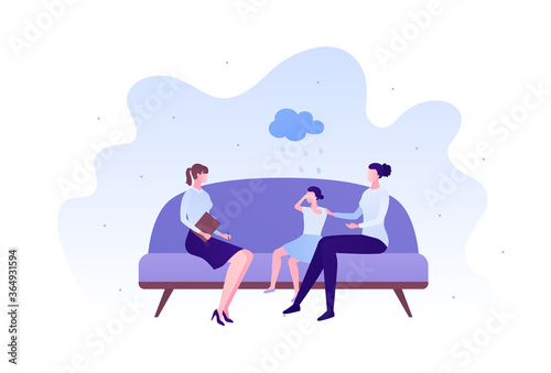 Psychology, emotion and family child psychotherapy concept. Vector flat person illustration. Woman therapist and mother with girl sitting on sofa. Sad and anger emotions symbol. Design for banner, web