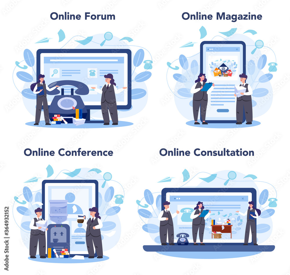 Secretary online service or platform set. Receptionist answering calls Secretary online service or platform set. Receptionist answering calls