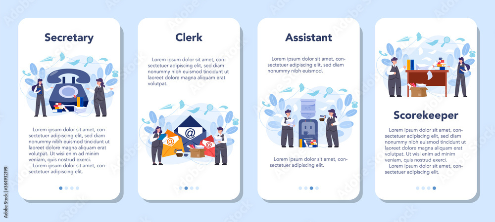 Secretary mobile application banner set. Receptionist answering calls