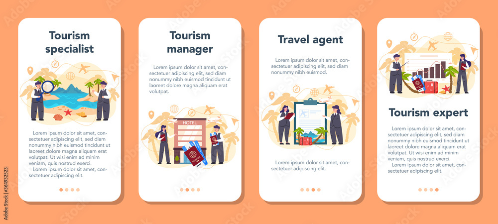 Travel agent mobile application banner set. Office worker selling tour, Travel agent mobile application banner set. Office worker selling tour,