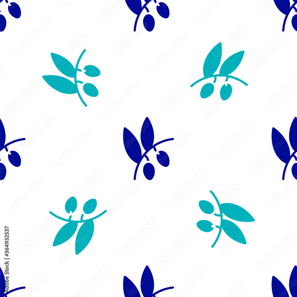Blue Olives branch icon isolated seamless pattern on white background. Vector.