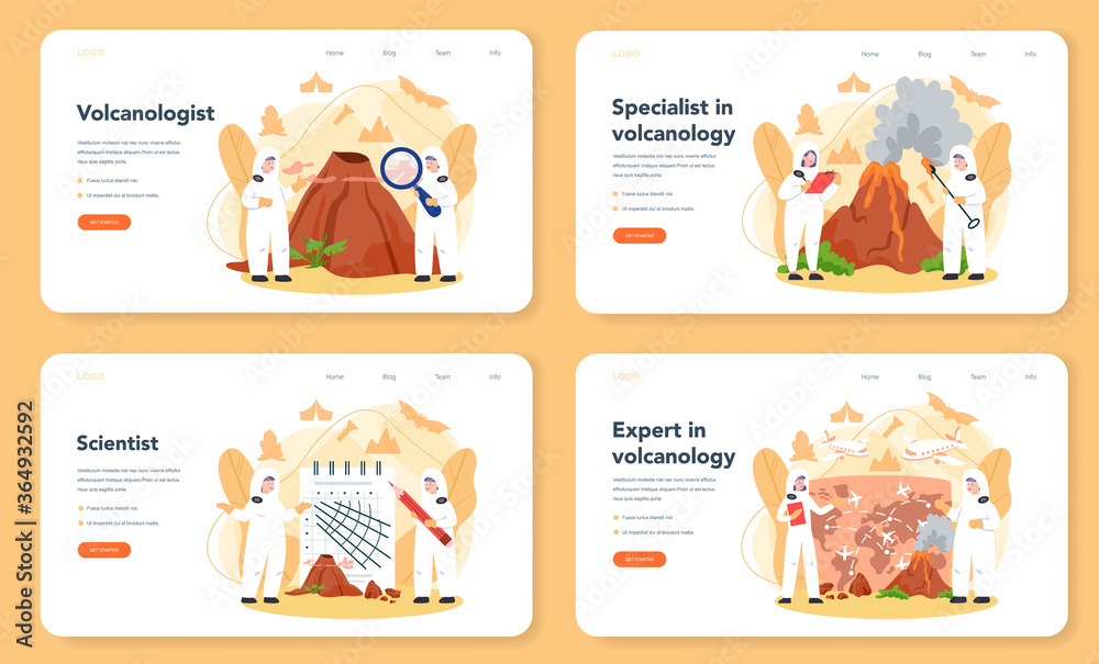 Fototapeta premium Volcanologist web banner or landing page set. Geologist studying