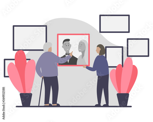 Elderly man and young woman looking at an old wedding photo on the wall. Flat vector illustration of a senior man with a walking cane recalling the past and sharing life memories in a cozy interior