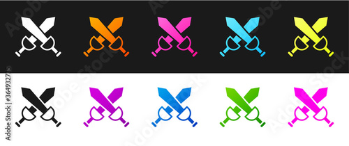 Set Crossed medieval sword icon isolated on black and white background. Medieval weapon. Vector.