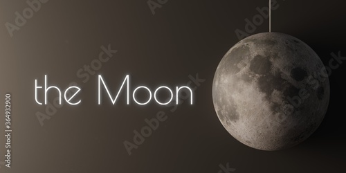 A cartoonish model of the Moon with text "the Moon" next to it. A 3d render.
