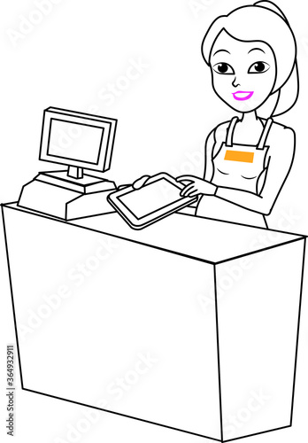 Sales girl showing working on tablet app taking order pos counter retail sales point of sale cash mall shop woman lady professional cute lovely sexy worker
