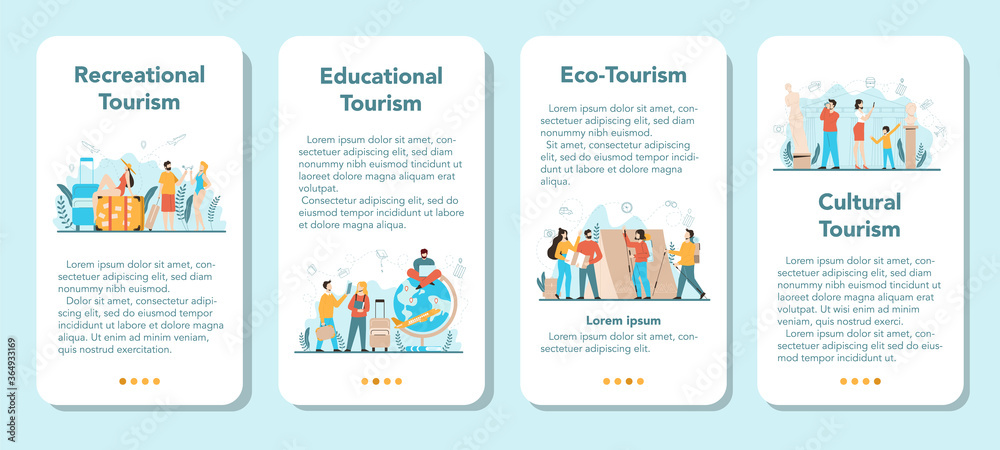 Travel agent mobile application banner set. Office worker selling tour