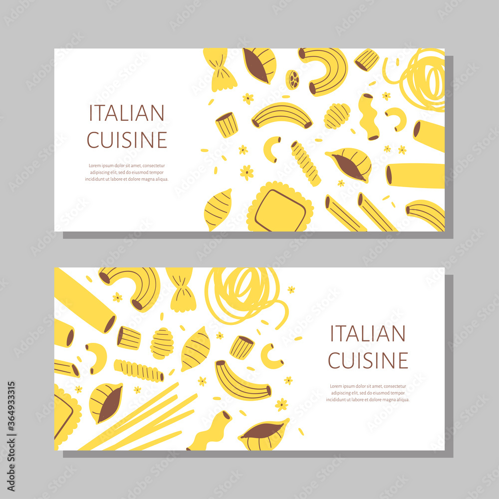 Naklejka premium Vector illustration set of different types of pasta. Hand drawn traditional food in cuisine of Italy isolated on white background use for cooking books, restaurant menu, posters, banners, labels
