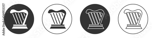 Black Harp icon isolated on white background. Classical music instrument, orhestra string acoustic element. Circle button. Vector.