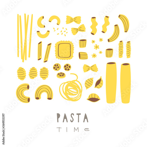 Vector illustration set of different types of pasta. Hand drawn traditional food in cuisine of Italy isolated on white background use for cooking books, restaurant menu, posters, banners, labels