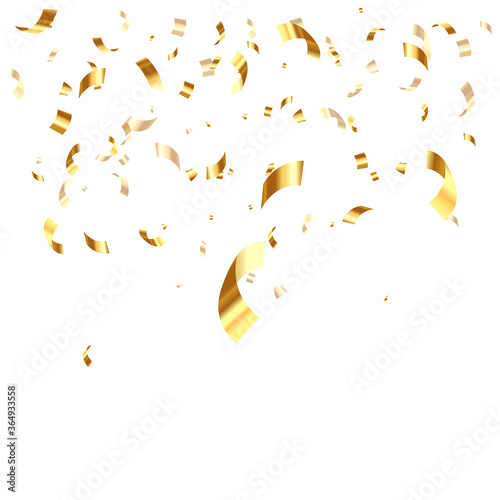 Falling shiny golden confetti isolated on white background. Bright festive tinsel of gold color.Vector illustration